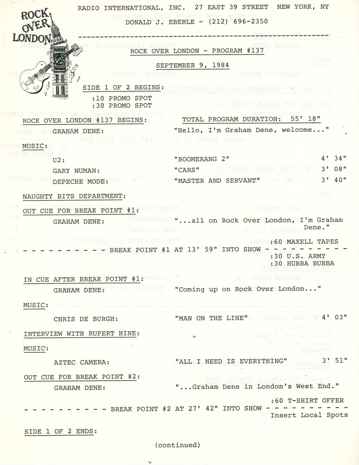 #137 9/9/84 Timing Sheet