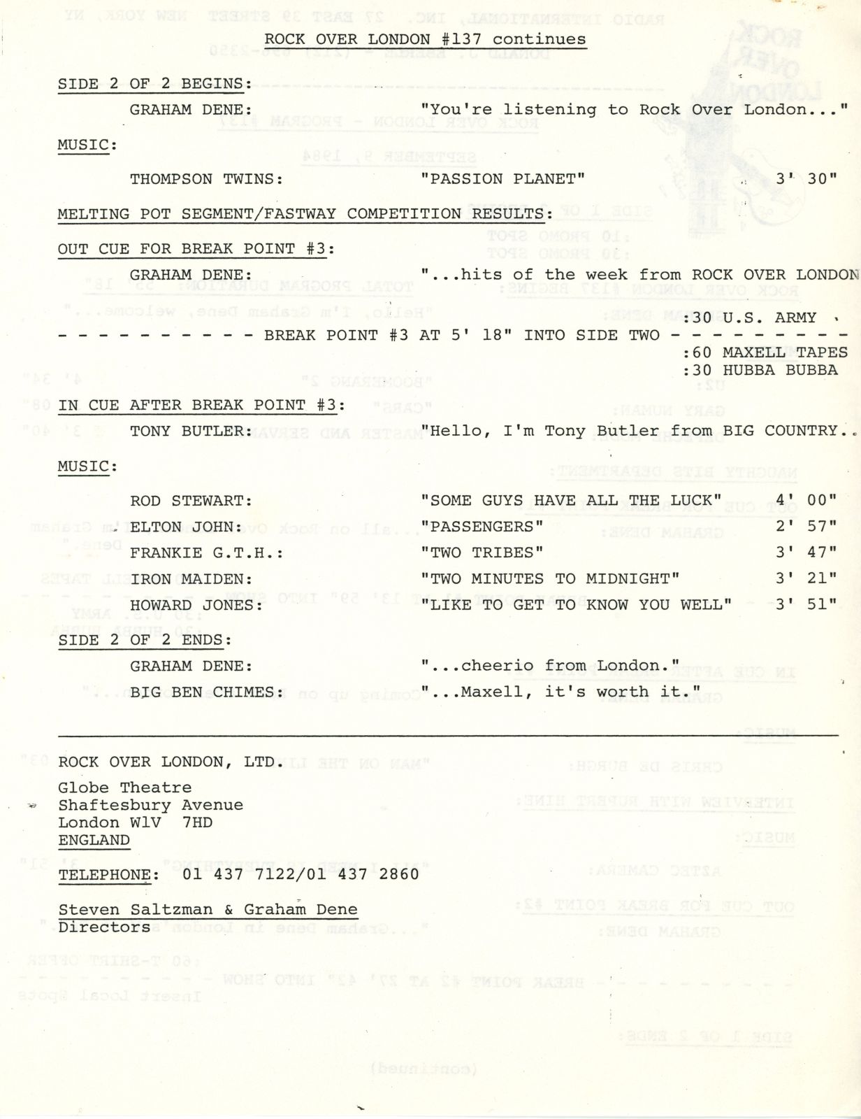 #137 9/9/84 Timing Sheet