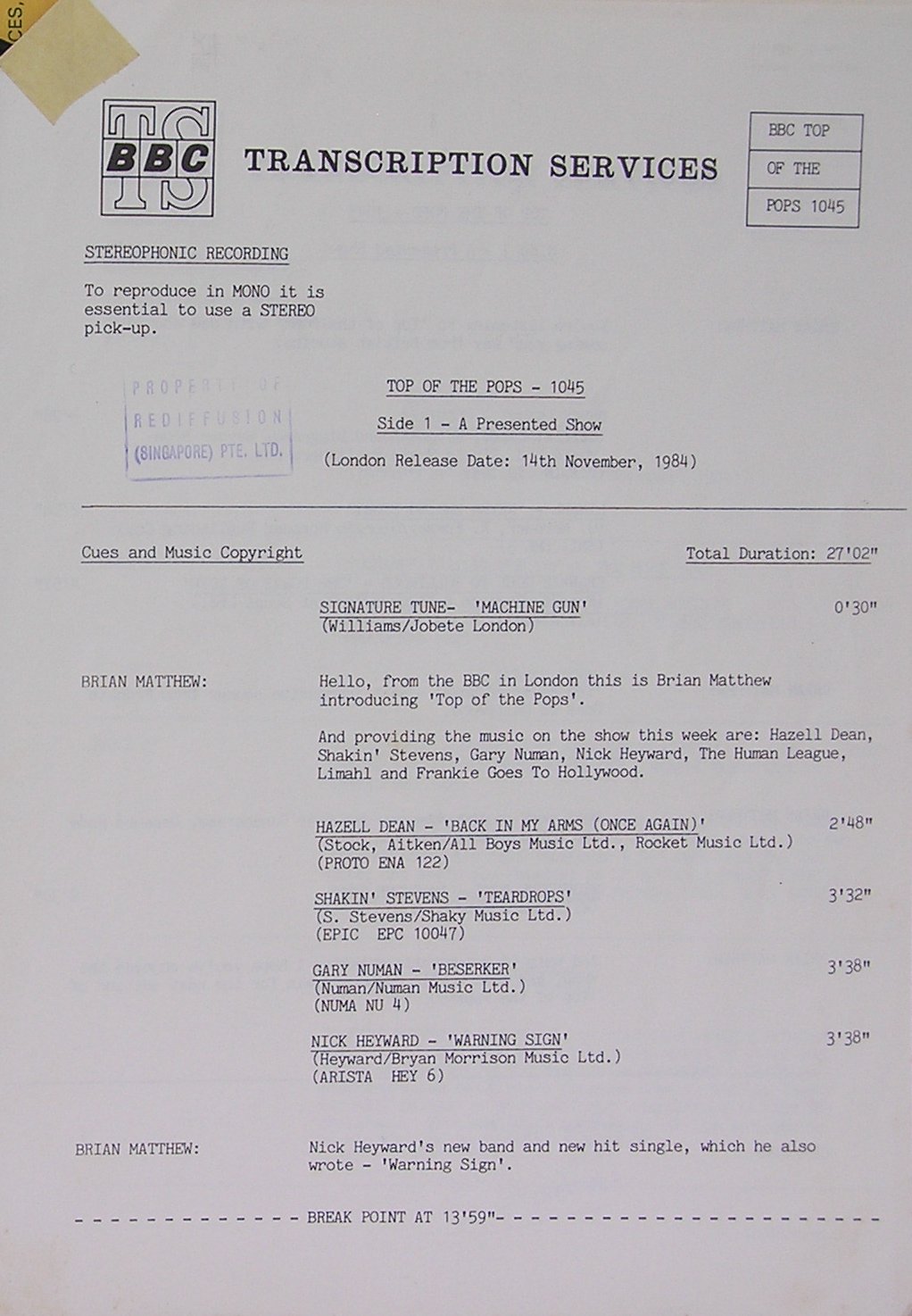 Timing Sheet